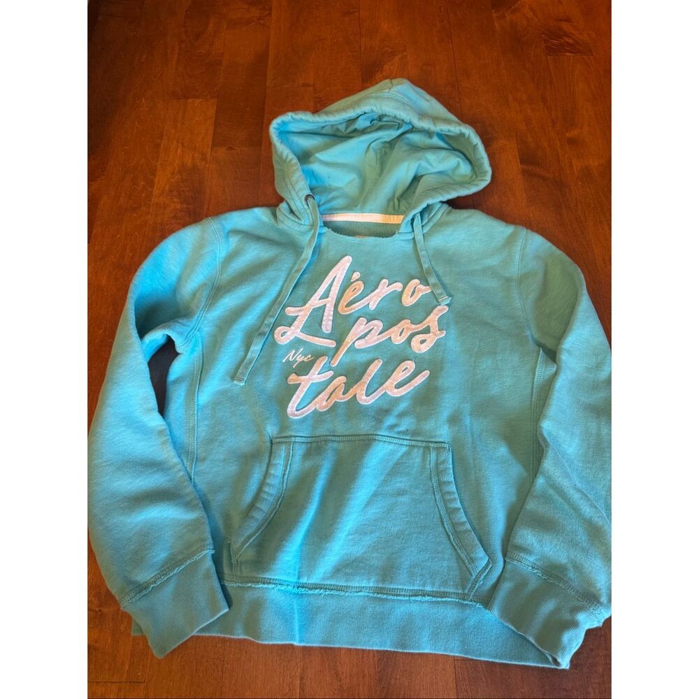 Aéropostale Y2K Script Logo Hoodie Women’s Large Teal Pullover Sweatshirt Cozy